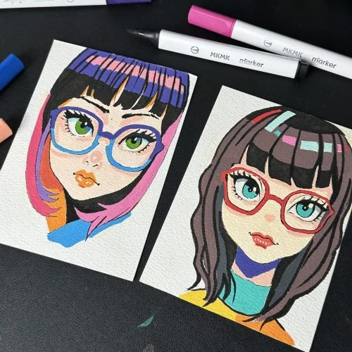 Two colorful portrait drawings with markers