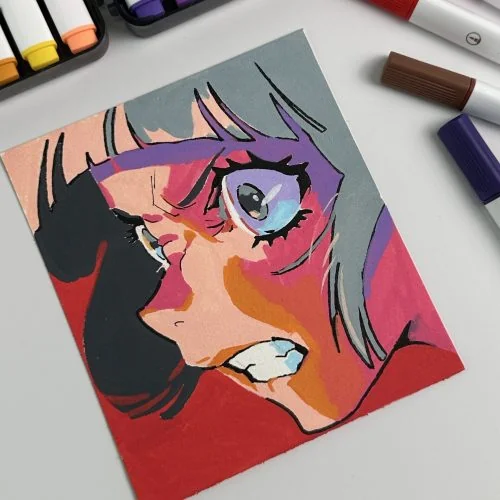 Close-up of a colorful character portrait
