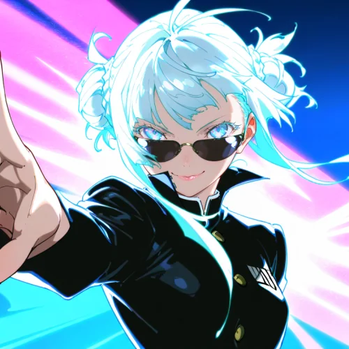 Blue-haired illustrated character wearing sunglasses